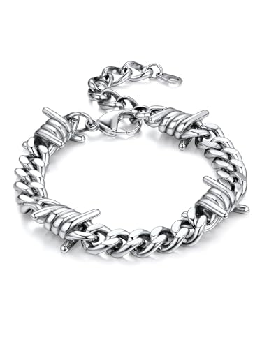 Bandmax Barbed Wire Chain Bracelets for Men Women Stainless Steel/Black/Gold Thorn Cuban Link Bracelet Adjustable Punk Emo Style Jewelry Gift - color: 01 9MM-Silver Tone