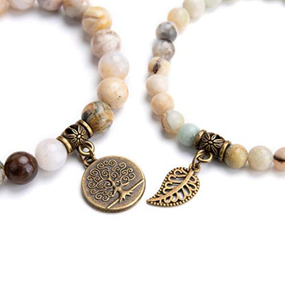 Bivei Natural Semi Precious Gemstone beads bracelet for women - Life Tree and Leaf Charm Energy Reiki Crystal Stretch Bracelets - color: Amazonite Bracelet Set, size: Medium:6.8-7.24inch