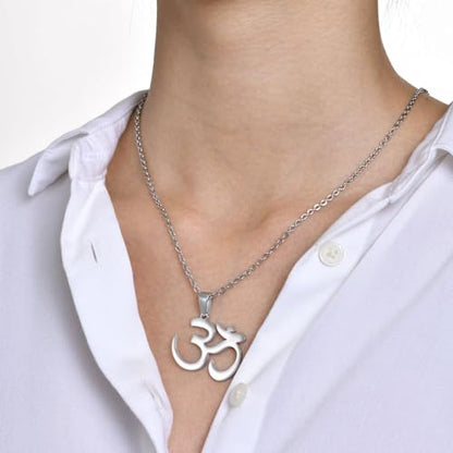 Stainless Steel Om Necklace for Men Women, gold plated/Silver/Black Yoga Charm Pendant Necklaces Aum Om Ohm Sanskrit Symbol Hindu Meditation Chain Necklace,Mens Womens Jewelry Gifts - color: Polished Silver