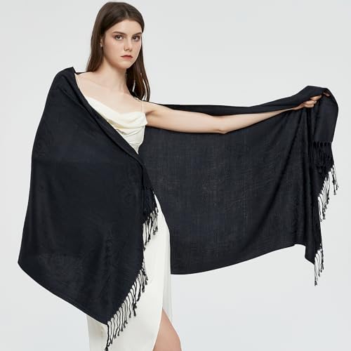 Pashmina Shawl Wrap with Ethnic Paisley Two Tone Jacquard Scarf for Women - color: Paisley-black