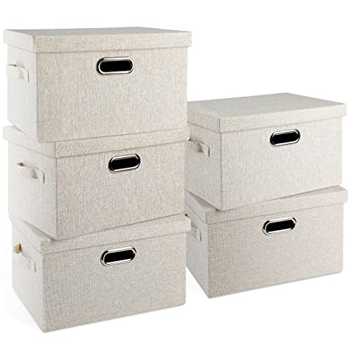 Medium 15" 21 Quart Collapsible Stackable Storage Bins with Lids, 5 Packs Beige Foldable Fabric Closet Boxes Heavy-duty Linen Cube Baskets Container for Bedroom Office (15 x 11 x 8) - color: Beige, size: Medium -5 Pack