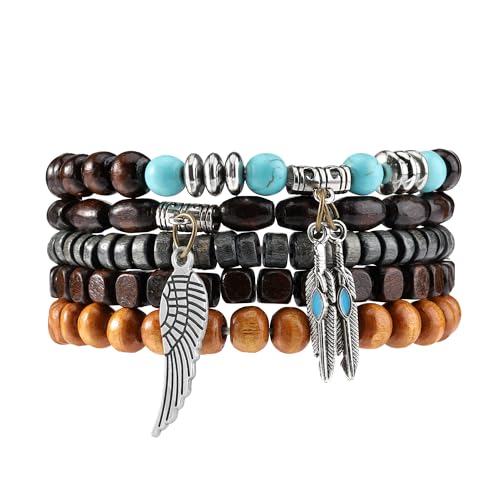 Wooden Beaded Bracelet for Men Women Brown Bracelet Mens Ethnic Tribal wrist Bracelets - color: B:5Pcs