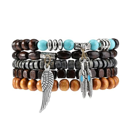 Wooden Beaded Bracelet for Men Women Brown Bracelet Mens Ethnic Tribal wrist Bracelets - color: B:5Pcs