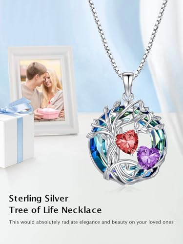 TOUPOP s925 Sterling Silver Family Celtic Tree of Life Pendant Necklaces with 2 Heart Birthstone with Blue Austrian Crystal Jewelry Birthday Valentines Day Gifts for Her, Anniversary Christmas Gifts for Wife Girlfriend Mom (18K Real White Gold Filled) - c