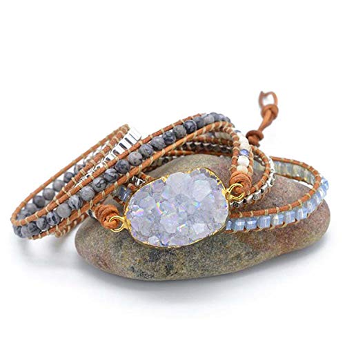 Boho Wrap Bracelet for Women, Handmade Natural Imperial Jasper Multi-Layer Stone Beaded Bracelet, Bohemian Healing Crystal Stone Jewelry Gifts - color: Quartz Druzy