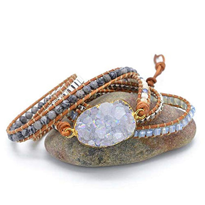 Boho Wrap Bracelet for Women, Handmade Natural Imperial Jasper Multi-Layer Stone Beaded Bracelet, Bohemian Healing Crystal Stone Jewelry Gifts - color: Quartz Druzy