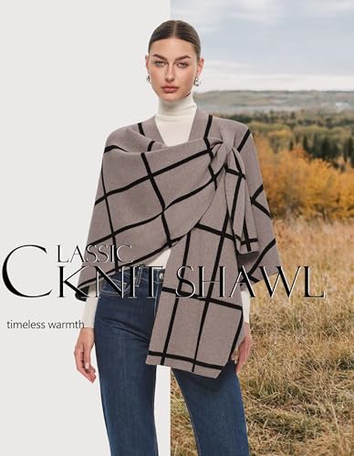 PULI Womens Elegant Cross Front Shawl Wraps Knitted Ponchos Cape Light Weight Poncho Sweater Soft Warm Travel Wraps - color: Classic Check-tan and Black