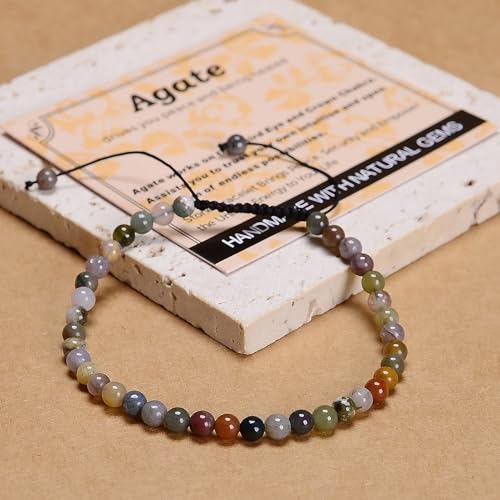 MASSIVE BEADS Handmade Yoga Natural Stone Crystal Healing Power Energy Gifts for Unisex Adult Bracelet Macrame Adjustable - color: Indian Agate(Peaceful), size: 4mm
