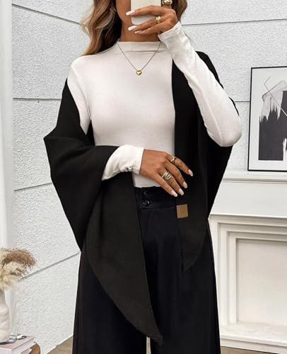 Womens Knitted Shawl Wraps Casual Solid Color Cape Scarf Comfortable Triangle Pashmina Shoulder Sweater - color: Black