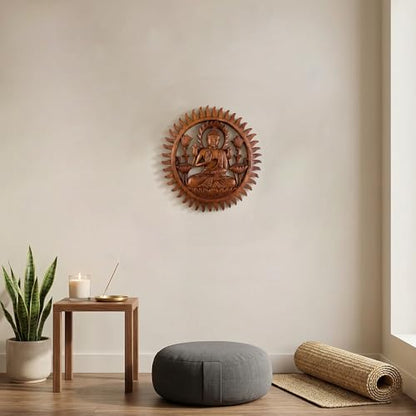 G6 Collection 12" Wooden Hand Carved Wall Hanging Serene Buddha Meditation Sculpture Statue Handmade Figurine Relief Gift Home Decor Handcrafted Decoration Round Buddha Plaque