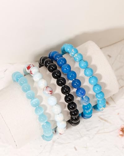BOMAIL 5Pcs Healing Crystal Bracelets for Women 8mm Natural Stone Beaded Stretch Bracelet Set Handmade Semi-Precious Gemstone Bracelets - color: A