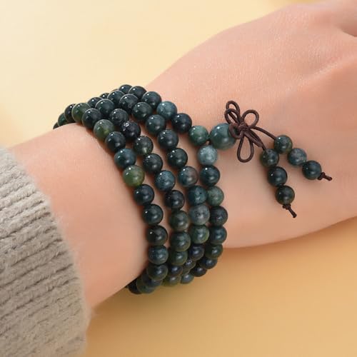 108 Mala Prayer Beads Bracelet 6mm Genuine Gemstone Healing Crystal Stone Beaded Bracelet Buddhist Tibetan Handmade Knotted Elastic Necklace for Yoga Meditation Unisex Women Men - color: Moss Agate