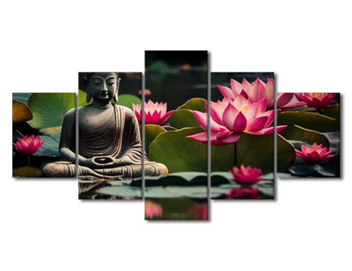 TUMOVO Wall Art Paintings Buddhist Meditates by Lotus Pond Pictures 5 Panels Prints on Canvas Zen Canvas Prints Living Room House Modern Decor Giclee Artwork Framed Ready to Hang, 60" Wx32 H - color: Artwork-01, size: 60"Wx32"H