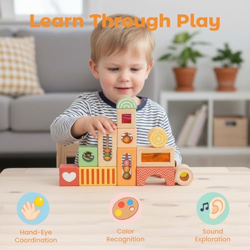 Fun with Sounds Wooden Discovery Blocks for Toddlers with Acoustic Sounds, Toddler Toys for Preschool Learning Activities (Red)