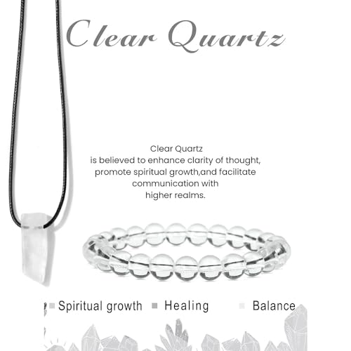 Pingyongchang Stress Relief Anxiety Yoga Bracelets Necklace Set,Healing Crystal Stone Mantra Bracelets for Women Natural Crystal Stone birthday Gifts For Teen Girls Black Leather Necklace for Men - color: Clear Quartz