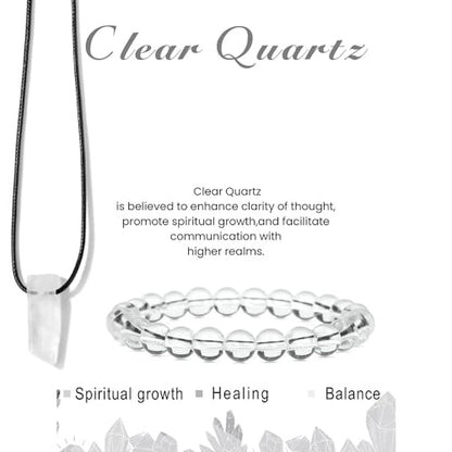 Pingyongchang Stress Relief Anxiety Yoga Bracelets Necklace Set,Healing Crystal Stone Mantra Bracelets for Women Natural Crystal Stone birthday Gifts For Teen Girls Black Leather Necklace for Men - color: Clear Quartz