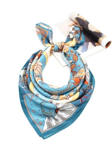 100% Pure Mulberry Silk Scarf 35" Large Square Lightweight Headscarf –Women’s Hair Wraps-With Gift Packed - color: Carriage&flowers-blue