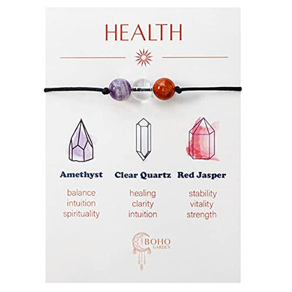 BOHO GARDEN Healing Bead Bracelets - Spiritual Crystal Beaded Bracelet - Made of 3 Real & Natural Gemstones, Adjustable 3-9.7” Black Rope - Gem Stones Jewelry for Men, Women, Teens (13+) - 8mm Bead - color: Health