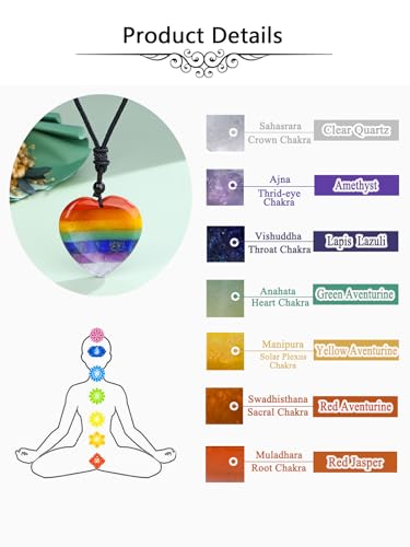 Jovivi Natural 7 Chakras Healing Crystals Necklace Heart Gemstone Palm Worry Stone Chakra Pendant Necklace for Anxiety Stress Relief Balancing Meditation - color: Heart-shaped