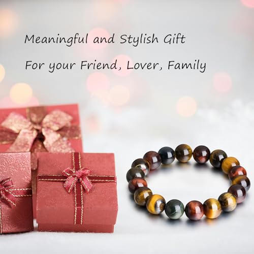 Tiger Eye Bracelets for Women Men, Triple Protection Chakra Beaded Bracelet, Relax Anxiety Healing Crystal Bracelet Jewelry for Balance, Natural Gemstones Bracelets Gifts for Women Birthday - style: 10MM