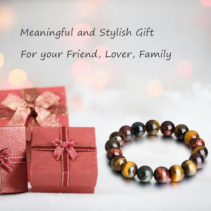 Tiger Eye Bracelets for Women Men, Triple Protection Chakra Beaded Bracelet, Relax Anxiety Healing Crystal Bracelet Jewelry for Balance, Natural Gemstones Bracelets Gifts for Women Birthday - style: 10MM