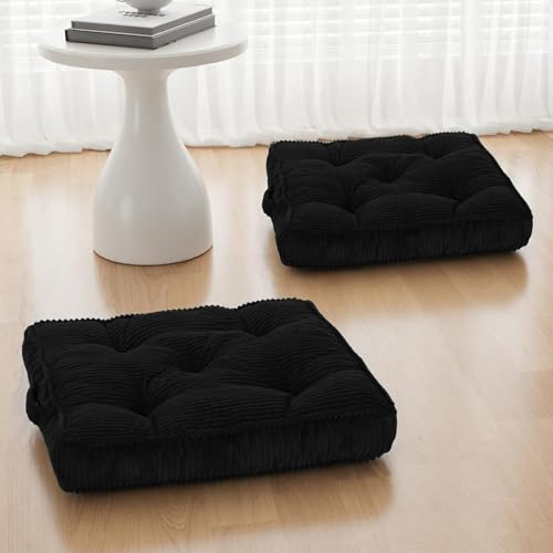 Meditation Floor Cushion Set of 2, 24x24 Tufted Floor Pillow for Adults, Square Large Meditation Cushion Pillow, Black Corduroy Sitting Pillow with Handle, Yoga Seating for Tatami - color: Black, size: 24x24x4 inch
