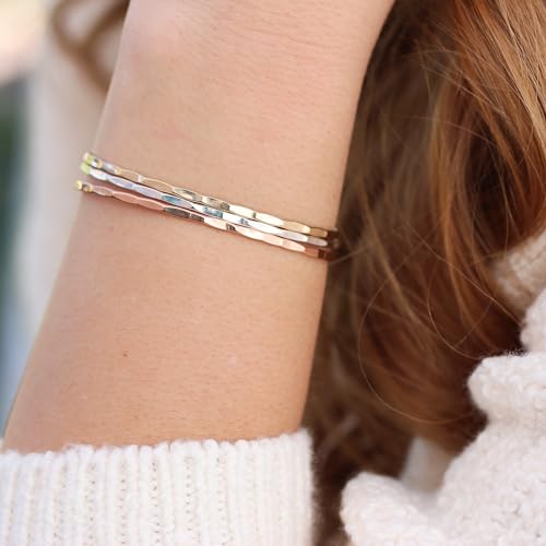Thin Hammered Cuff, in Solid Sterling Silver, 14K Gold Fill, and Rose Gold Fill; Delicate Handmade Stacking Bracelet for Women by Lotus Stone Design - color: Gold, size: Medium