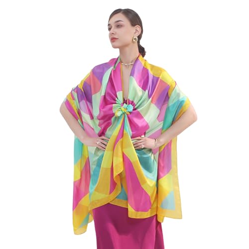 DANA XU Women's 100% Mulberry Silk Pashmina Shawl and Wraps Extra Large Floral Scarf for Evening Dresses, Soft Oversized - color: Bright Geometric Purple