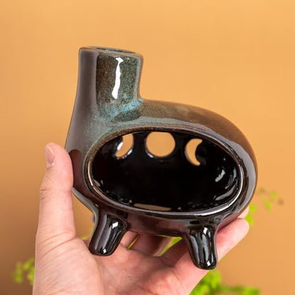 MOUGIGI Handcrafted Ceramic Palo Santo Holder Burner with Green Glaze - Modern Footed Pottery Incense Chimney Dish - Great for Meditation - Wood Sticks, Sage, Ash Catcher Bowl, Cone Compatible. - color: Glazed Ceramics -Footed Black and Green