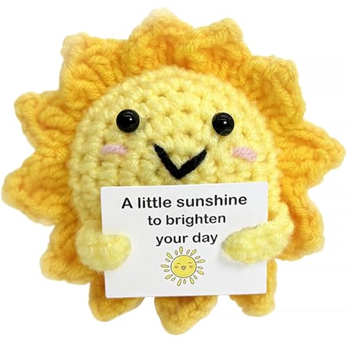 Positive Energy Crochet Sun Gift with Inspiring Affirmation Card, Handmade Emotional Support Sunshine, Thoughtful Stress Relief Present for Women and Men, Cute Birthday and Office Desk Décor - color: Yellow