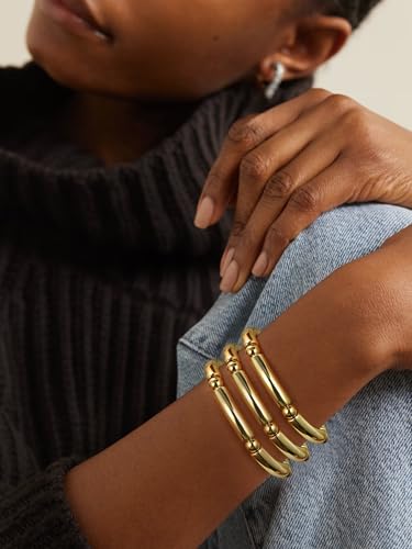 Gold Chunky Bangles Bracelets For Women 14k Gold Plated Stack Layered Curved Bamboo Tube Stretch Bracelets Gift Jewelry - color: 3pcs Gold-8mm
