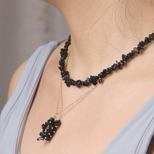 2Pcs Crystal Necklace for Women Handmade Choker Necklaces Pendant Necklace Natural Stone Gemstone Beaded Necklace 18k Gold Plated Adjustable Dainty Necklace for Women - color: Black Tourmaline
