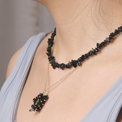 2Pcs Crystal Necklace for Women Handmade Choker Necklaces Pendant Necklace Natural Stone Gemstone Beaded Necklace 18k Gold Plated Adjustable Dainty Necklace for Women - color: Black Tourmaline
