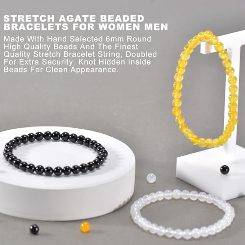 3PCS Agate Bracelet for Women Men Natural Round Beaded Agates Stone Healing Stretch Bracelets Elastic Handmade Polished Gemstone Beads Bracelet - color: Black+Yellow+White