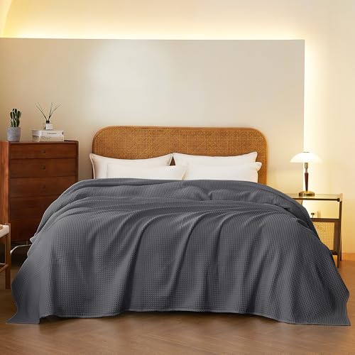 100% Cotton Waffle Blanket (Dark Grey - Twin Size - 66 * 90''), Pre-Washed and Anti-Shrinkage Soft Lightweight Bed & Couch Blanket, 380 GSM Waffle Weave Throw Blanket for All Seasons - color: Dark Grey, size: Twin (66"*90")