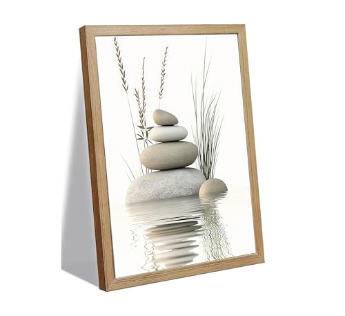 Wooden Frame Zen Stone Canvas Wall Art, Stacked Stones in Water Poster Print. Tranquil Wild Grass Picture for Spa Yoga Meditation Room Bathroom Wall Decor 12x16in Ready to Hang - color: Wooden Framed Zen, size: 16"L x 12"W