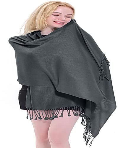 CJ Apparel Solid Color Tassels Design Nepalese Shawl Scarf Wrap Stole Throw Head Wrap Pashmina Gift Hand Made in Nepal New - color: Charcoal Black A1022