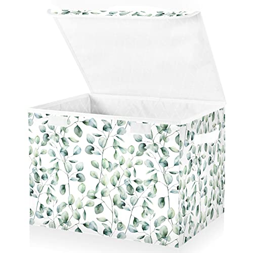 Large Storage Bins with Linen Tropical Plant Eucalyptus Leaves Collapsible Foldable Storage Cubes Fabric Closet Organizer Containers box with Flip-Top Lid for Home Bedroom Office 16.7 x 12.6 x 11.8 in - color: Linen-tropical Plant Eucalyptus Leaves