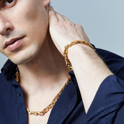 Urban Jewelry Men’s Wheat Link Bracelet Collection – Tungsten Carbide Base, 3-Sided Links, 8.3 Inch, Black, Silver & 24K Gold Plated Variations, Scratch-Resistant, Gift Box - color: 18K Gold Plated over Tungsten Bracelet Necklace Set