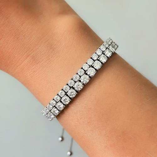 3/4mm Moissanite Tennis Bracelet Adjustable Simulated Diamond Chain 18K Gold Plated 316L Stainless Steel Bracelets Jewelry Gifts for Women Men Wife Mother - color: Silver, size: 3MM Moissanite