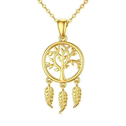 14K Gold Dream Catcher Necklace for Women, Dainty Tree of Life Necklace Birthday Gifts for Girlfriend Wife Mom Her 16+1+1 inch - color: Dream Catcher