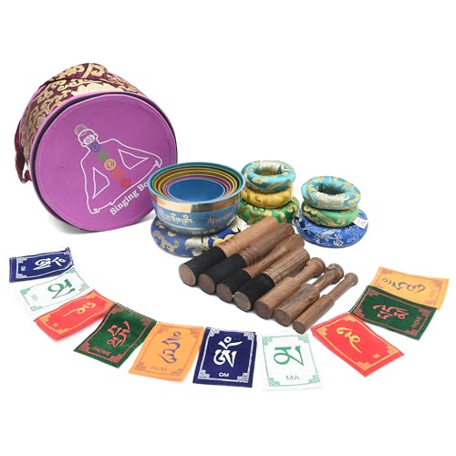 Tibetan Singing Bowl Set-Authentic Cuencos Tibetanos for Sound Healing, Meditation & Chakra Balancing - Includes Cushion, Mallet-Unique Spiritual Gifts for Women and Men (7 Chakra Color Set) - size: 7 Chakra Color Set