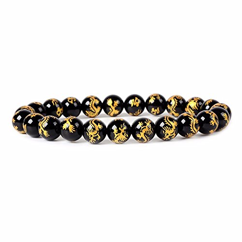 Justinstones Gem Semi Precious Gemstone 8mm Round Beads Stretch Bracelet 7 Inch Unisex - color: Gold Dragon Black Agate