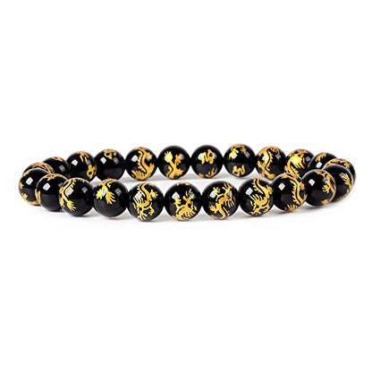 Justinstones Gem Semi Precious Gemstone 8mm Round Beads Stretch Bracelet 7 Inch Unisex - color: Gold Dragon Black Agate