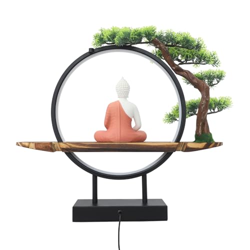 Buddha Statue with LED Circle Table Lamp Artificial Plants Fake Bonsai Tree Buddha Ceramic Statue Indoor Meditation Decoration for Home and Office,18.7 * 3.9 * 16.5in (Buddha-3)