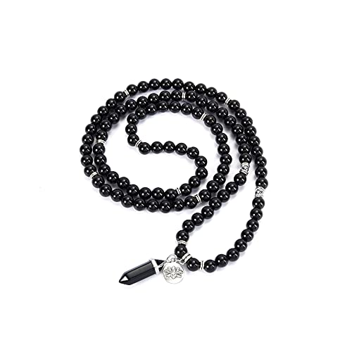 Jovivi 108 Mala Beads Bracelet 8mm Natural Amethyst Rose Quartz Healing Crystal Stone Mala Prayer Bead Necklace Hexagonal Prism Gemstone Reiki Pointed Pendant for Yoga Meditation Energy Balancing - color: Black Obsidian Crystal
