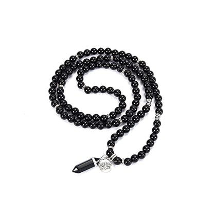 Jovivi 108 Mala Beads Bracelet 8mm Natural Amethyst Rose Quartz Healing Crystal Stone Mala Prayer Bead Necklace Hexagonal Prism Gemstone Reiki Pointed Pendant for Yoga Meditation Energy Balancing - color: Black Obsidian Crystal