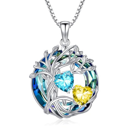 TOUPOP s925 Sterling Silver Family Celtic Tree of Life Pendant Necklaces with 2 Heart Birthstone with Blue Austrian Crystal Jewelry Birthday Valentines Day Gifts for Her, Anniversary Christmas Gifts for Wife Girlfriend Mom (18K Real White Gold Filled) - c