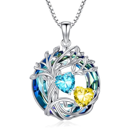 TOUPOP s925 Sterling Silver Family Celtic Tree of Life Pendant Necklaces with 2 Heart Birthstone with Blue Austrian Crystal Jewelry Birthday Valentines Day Gifts for Her, Anniversary Christmas Gifts for Wife Girlfriend Mom (18K Real White Gold Filled) - c