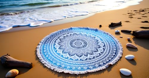 Round Beach Tapestry Mandala Boho Hippie Blanket Indian Cotton Bohemian Large Table Cloth Home Decor Yoga Mat Meditation Picnic Rug Hawaii Sunproof Throw Hippy Boho Gypsy Tablecloth Shawl Roundie (42 - color: Blue And White, size: 42"L x 42"W